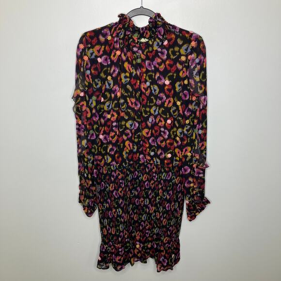 FARM RIO Black Ikat Dyed Leopard Mini Dress Flower Embellished Smocked Large - Picture 1 of 5